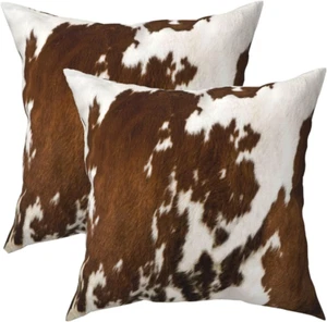 Western Cow Print Throw Pillows Cover Set of 2 Brown Faux Fur Cowhide Decorative - Picture 1 of 11