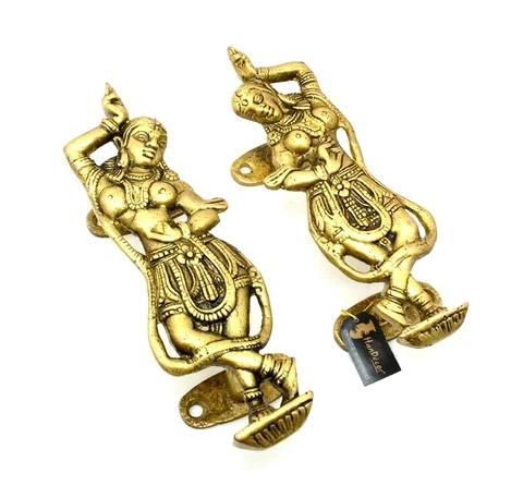 Ethnic Dancing Apsara Brass Door Handle Set (Standard , Antique Yellow , Gold) Cover