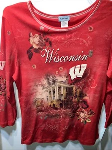 P.Michael Womens University Wisconsin Badgers T-Shirt Size M Red Floral Paisley - Picture 1 of 10