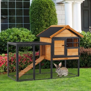 PawHut Holz-Metall Hasenstall erhöht Haustierhaus Outdoor 122 x 63 x 92 cm - Bild 1 von 11