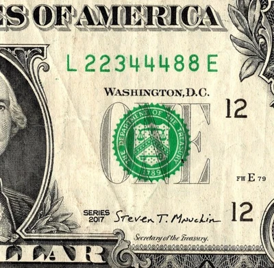 Billete de un dólar triple doble elegante número de serie L22344488E Foto 1 de 4