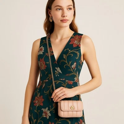 Tory Burch Kira Mini Flap Bag Devon Sand Beige Leather Gold Chain Quilt Padded - Image 1 of 4