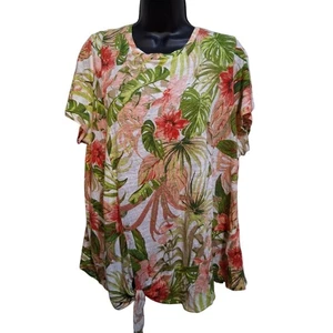 Top J. Jill Tropical Floral Manga Corta - Verde y Rosa 1X Blusa 100% Lino - Imagen 1 de 11