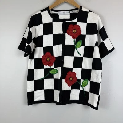 Vtg Marisa Christina Cardigan Sweater Women's M Black White Checked Floral Retro - Image 1 of 4