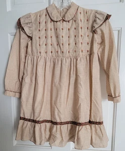 Vestido POLLY FLINDERS Vintage Años 70 Marrón Cuadros Calado a Mano Talla 6X - Imagen 1 de 4