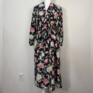 Vintage Miss Dior Navy and Pink Floral Satin Robe Made in USA Union Made - Picture 1 of 9
