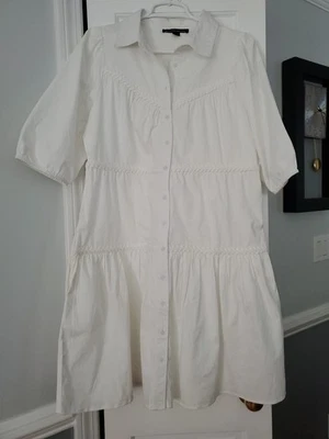 Vestido para mujer Boston Proper mediano blanco botón delantero trenzado manga corta preppy Foto 1 de 4