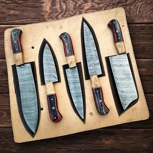 Juego de cuchillos de cocina de acero Damasco hechos a mano personalizados, cuchillos y funda de chef de 5 piezas - Imagen 1 de 4
