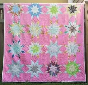 70% HANDGENÄHTER QUILT Vintage Antik Quilt Handarbeit Baumwolle 74 x 91 Starburst Stern - Bild 1 von 9