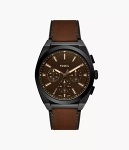 Fossil FS6108 Men's Everett Black IP Leather Band Brown Dial Chronograph Watch - Picture 1 of 2