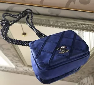 CHANEL 2013 Cobalt Royal Blue Leather Crochet Ribbon Flap Bag Handbag Chain - Picture 1 of 14