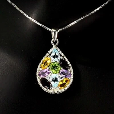 Blautopas Amethyst Citrin Granat Peridot Halskette 925 Silber 585 weißvergoldet - Bild 1 von 4