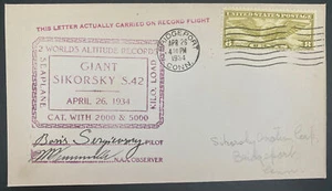 1934 Bridgeport USA Giant Sikorsky Seaplane Record Flight Cover Pilot Signed 3 - Picture 1 of 2
