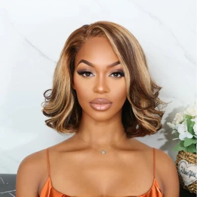 Pelucas cortas onduladas marrón rubio resaltado encaje delantero onda suelta cabello humano bob pelucas Foto 1 de 4