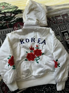 Vintage Korea embroidered flowers satin souvenir white youth medium jacket - Picture 1 of 6