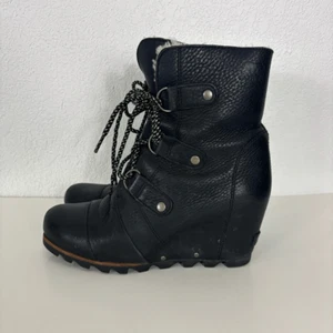 Sorel Black Leather Lace Up Mid Calf Fur Lined Wedge Booties Women's 9 - Picture 1 of 12