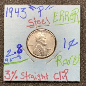 1943 steel Penny error 3% Straisnt Clip 2.8 Gms Rare Planchet - Picture 1 of 7