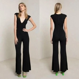 NEW A.L.C. V-Neck Cap Sleeves Holden Ribbed Knit Black Flare Leg Jumpsuit - Foto 1 di 7
