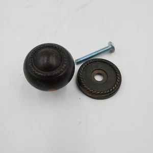 Vtg 5 - 1" Dark Bronze Rope Edged w/ Backplates and Screws Cabinet Drawer Knobs - Picture 1 of 11