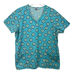 Scrub Womans Size L Scrub Top Blue With White Circle Pattern Pockets Nurse - Picture 1 of 6