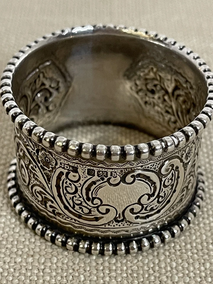 Sterling Silver Napkin Ring c1863 Victorian Beaded Ornately Patterned Sheffield - Image 1 of 4