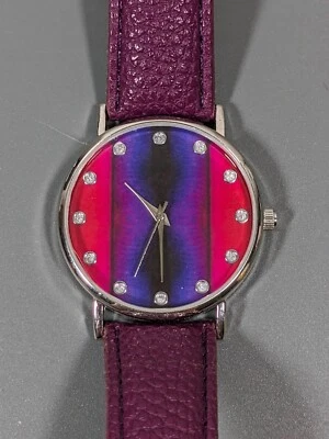 Reloj Accutime Mujer Púrpura Rosa Rayas Estuche Redondo Imitación Cuero Banda Foto 1 de 4
