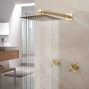 8" Brushed Gold Shower Faucet Set Square Rainfall Head Mixer Double Handles Tap - Picture 1 of 9
