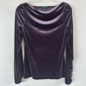 LAUREN RALPH LAUREN Women's Stretch Velvet Boat Neck Casual Shirt Top M Buttons - Picture 1 of 14