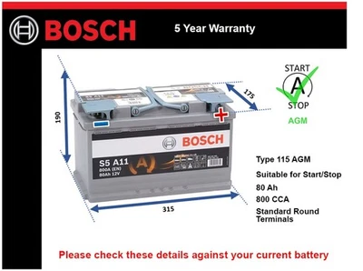 AGM Battery fits KIA SPORTAGE CEED OPTIMA PRO CEED STINGER 2006 on Bosch 115 AGM - Image 1 of 4