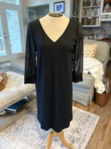 Lafayette 148 Sz M “little Black Dress” Perfect Style Shift V Neck Sheer Sleeves - Picture 1 of 8