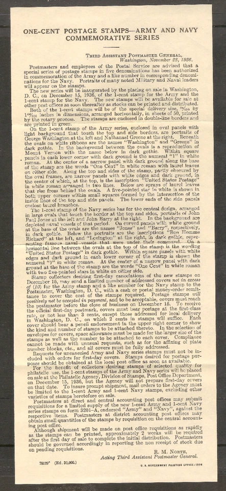 Scott #785+790 1936 1c Army and Navy Post Office New Stamp Announcement Letter - Image 1 of 1