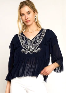 Umgee Women's Floral Embroidered 3/4 Sleeve Ruffle Peasant Top in Navy - Picture 1 of 5