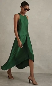 REISS Micah Satin Drape Tuck Midi Dress in Green Size 10 PETITE. WORN ONCE. - Picture 1 of 12
