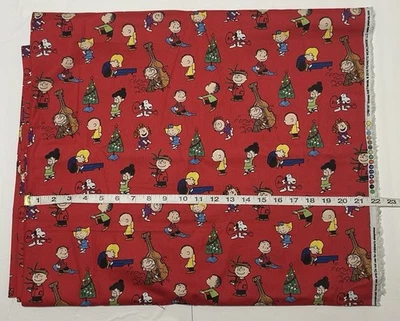 NEW cotton Christmas fabric half yard - Peanuts Snoopy N Gang Sing Dance On Red - Image 1 of 2
