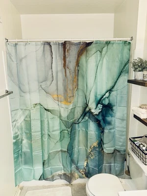 NEW Shower Curtain, Abstract Marble Blue Green Teal Geometric Gold Long - Image 1 of 4