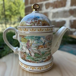 Vintage Windsor England Fox Hunt Scene Teapot 6.75" Gold Trim Porcelain Multi - Picture 1 of 13