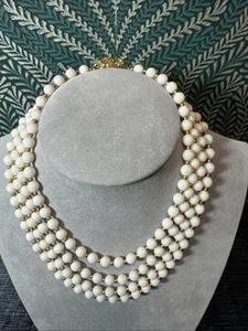 1950s Vintage White And Gold Plastic Bead 4 Strand Necklace  - Picture 1 of 14