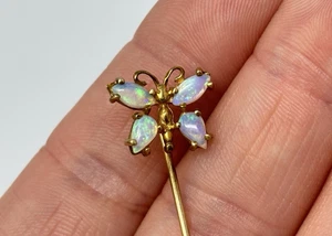 14k Yellow Gold Opal Butterfly Hat Stick Pin Vintage Estate - Picture 1 of 8