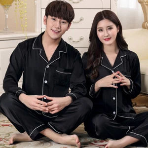 Men Women Silk Satin Pajamas Set Couple Sleepwear Lovers Unisex Nightwear Pijama - Picture 1 of 17