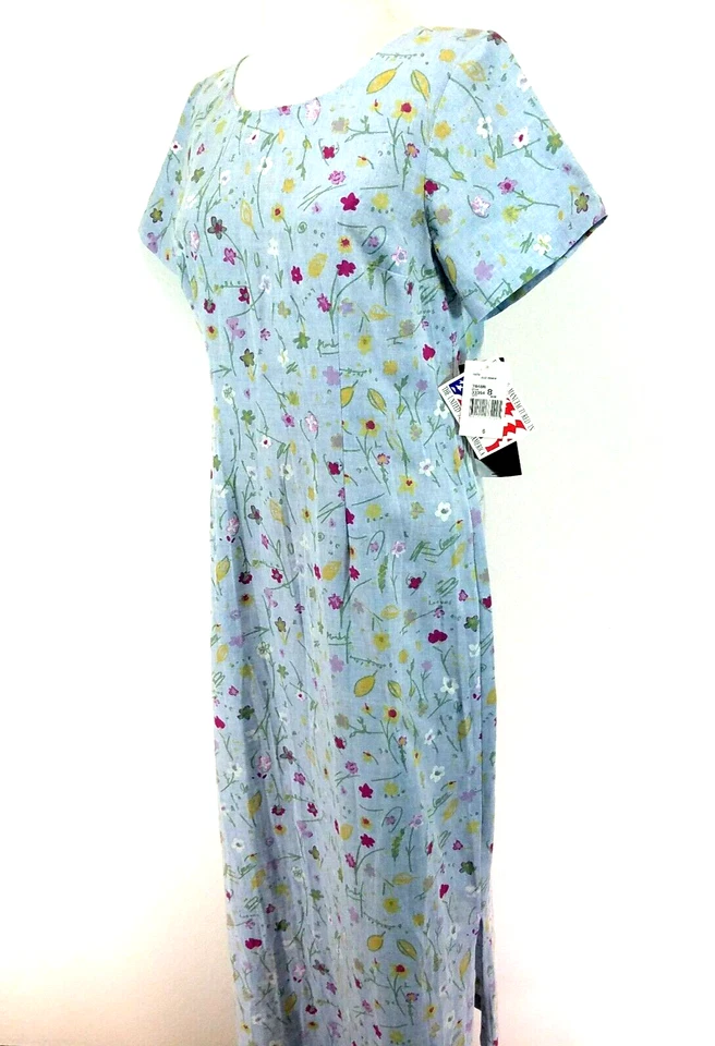 Vtg 80s 90s CAROL ANDERSON Blue Multi Linen Blend Floral Maxi Dress Size 8 NWD * - Image 1 of 4