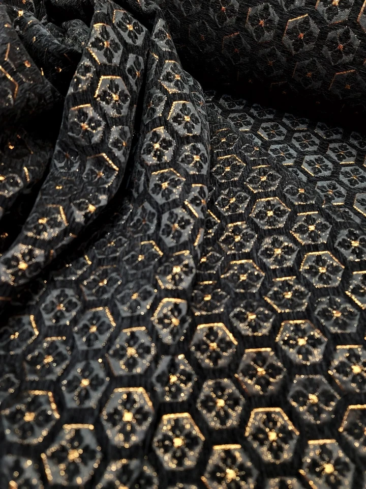 BLACK Metallic Gold Floral Brocade Fabric Sold By The Yard Dress Upholstery - Image 1 of 2