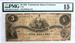 T-36 1861 $5 CSA CONFEDERATE STATES CURRENCY CIVIL WAR NOTE PF2 PMG 15 FINE R3 - Picture 1 of 4