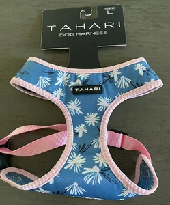 ARNÉS TAHARI AZUL BLANCO FLORES ROSA ADORNO Pecho Plato Cachorro/Perro GRANDE NUEVO CON ETIQUETAS - Imagen 1 de 2