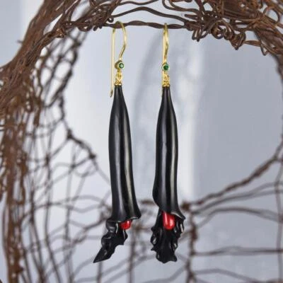 Pendientes Flor Cuerno Negro Coral Rojo Esmeralda Oro Vermeil Plata de Ley 6.05g Foto 1 de 4