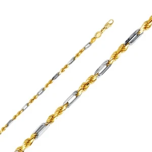 14K 2 Tone Real Gold Milano Figaro Rope Chain Bracelet 8"-3.5mm - Picture 1 of 2