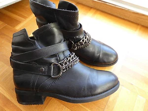 VIA MAESTRA boots Bottines talons plats chaines étrier CUIR noir T 39 BON ETAT   - Picture 1 of 8