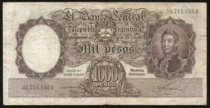 ARGENTINIEN SCHEIN 1959 1000 PESOS L. 12962 y 13571 Serie B - P#274a - B#2144a - Bild 1 von 2