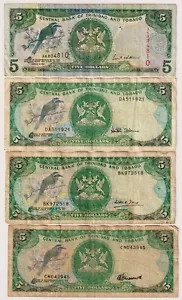 TRINIDAD AND TOBAGO $5 LOT  1985/2002  P-37b, c, d & 42b - 4 Circulated Notes - Picture 1 of 2