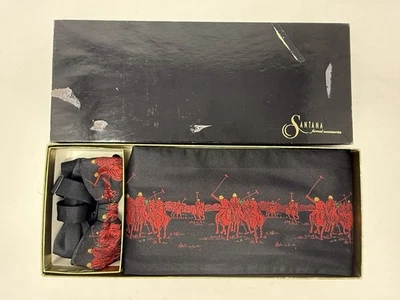 Santana шелковый галстук-бабочка и Cummerbund поло лошадь конный черный красный винтажный - Изображение 1 из 4