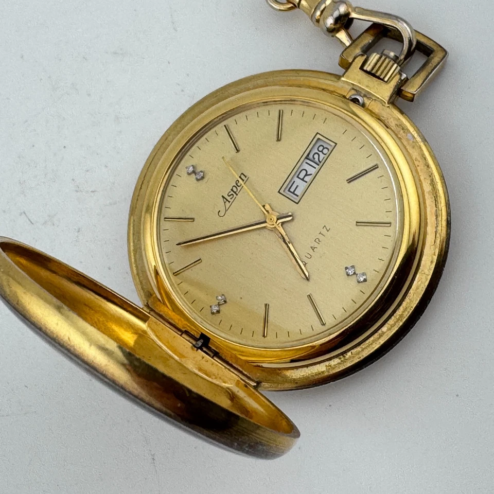 复古 Aspen 瑞士怀表石英表男士半猎人钻石 ~ 用于零件维修 — 第 1/4 张图片